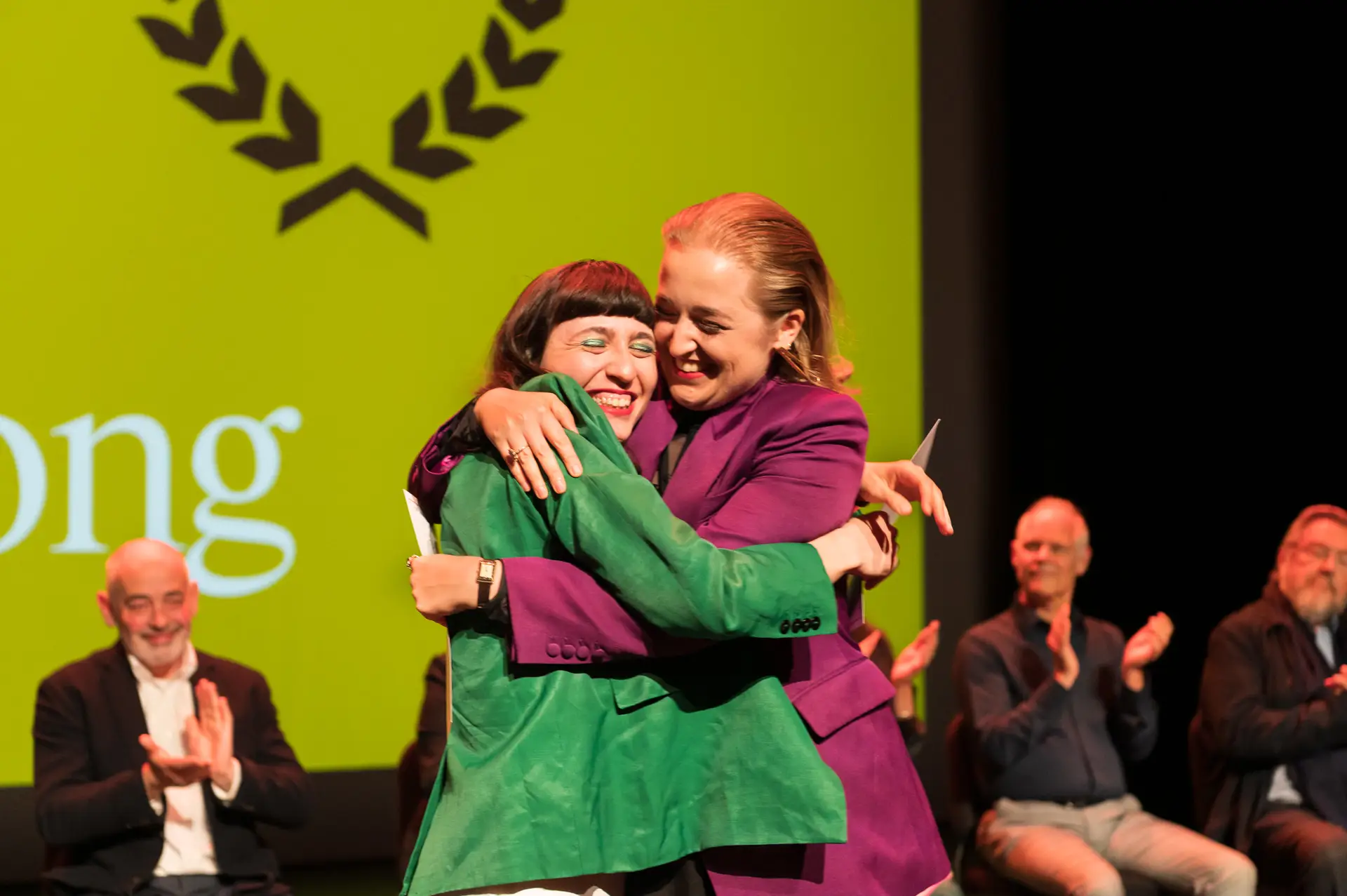 Laure-Catherine Beyers and Ana Ostojić celebrating first prize for It's Complicated at the 58th IVC Theatre in Song